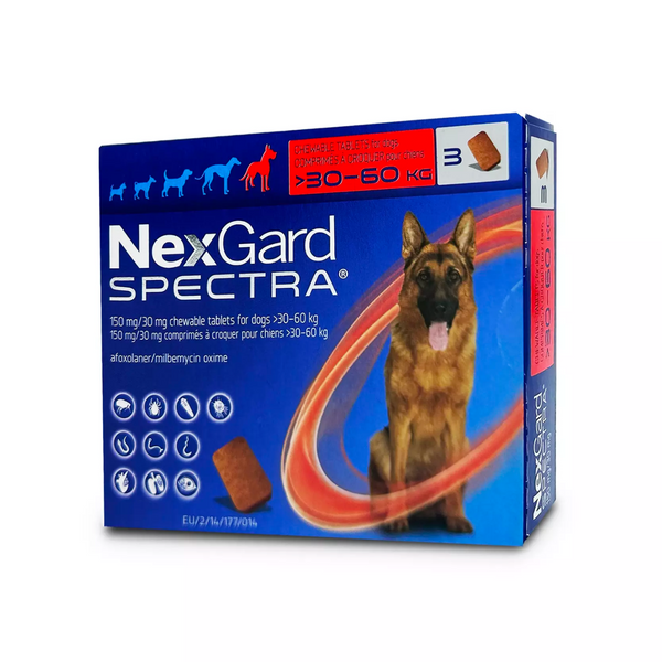 NexGard SPECTRA®驅蟲 全方位驅蟲口服咀嚼片 3粒裝 X-Large Dog 30-60Kg [處方藥品 | 最佳食用日期到11/2025]