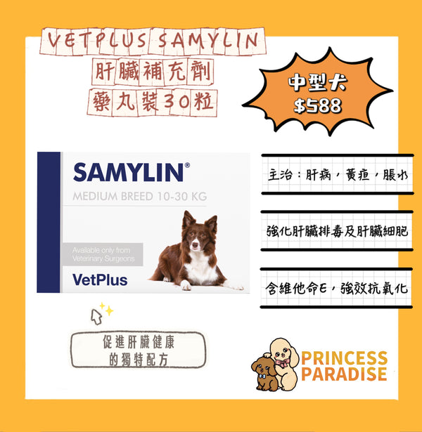 Samylin 適肝能 Vetplus 肝臟補充藥劑 - 30粒 藥丸裝 中型犬 [英國直送 | 平行進口 | 最佳食用日期至07/2026]